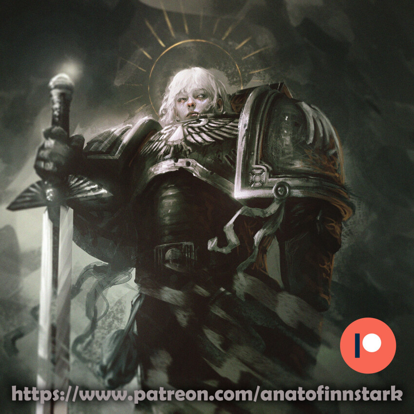 1girl adepta_sororitas adeptus_astartes anato_finnstark aquila_(symbol) armor black_armor breastplate chaos_(warhammer) facial_scar full_armor gauntlets greaves halo highres holding holding_sword holding_weapon imperial_aquila imperium_of_man looking_at_viewer mismatched_pupils pale_eye patreon_logo patreon_username pauldrons power_armor power_sword purity_seal scar scar_across_eye scar_on_cheek scar_on_face short_hair shoulder_armor skull solo sword vambraces warhammer_40k watermark weapon web_address white_hair yellow_halo