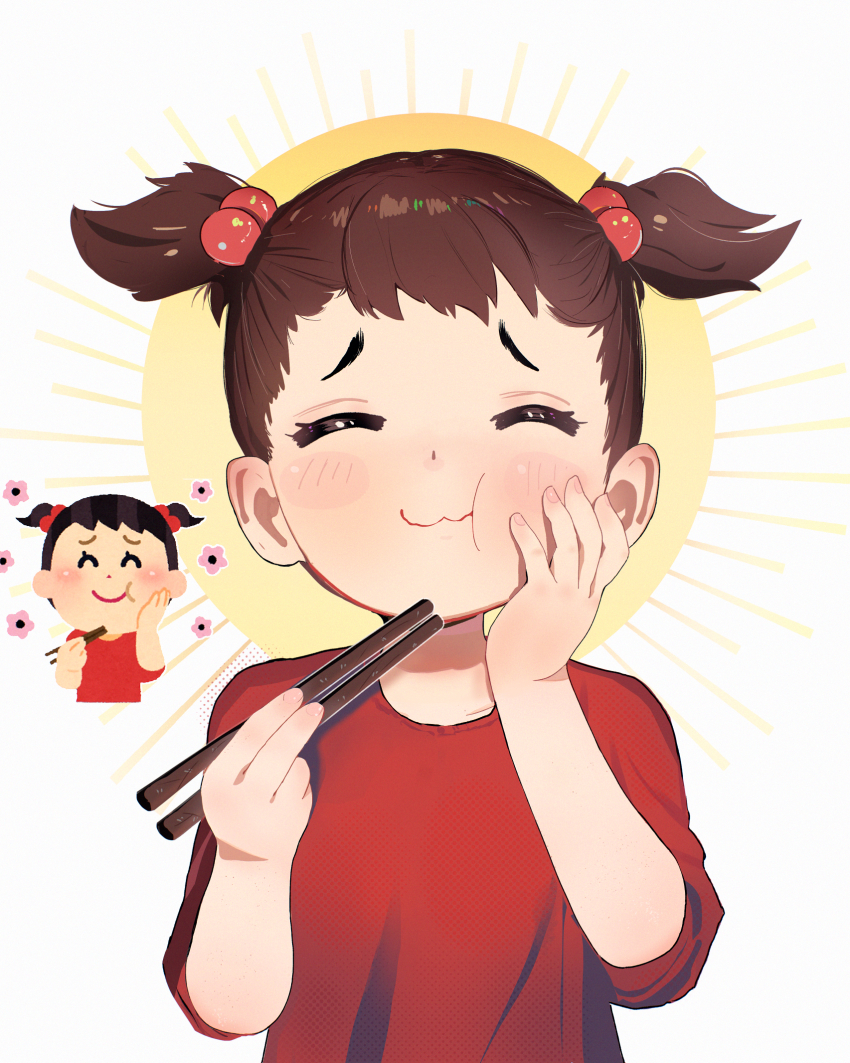 1girl blush brown_hair chopsticks flat_chest highres hottodg irasutoya irasutoya_challenge red_shirt shirt simple_background smile solo twintails upper_body