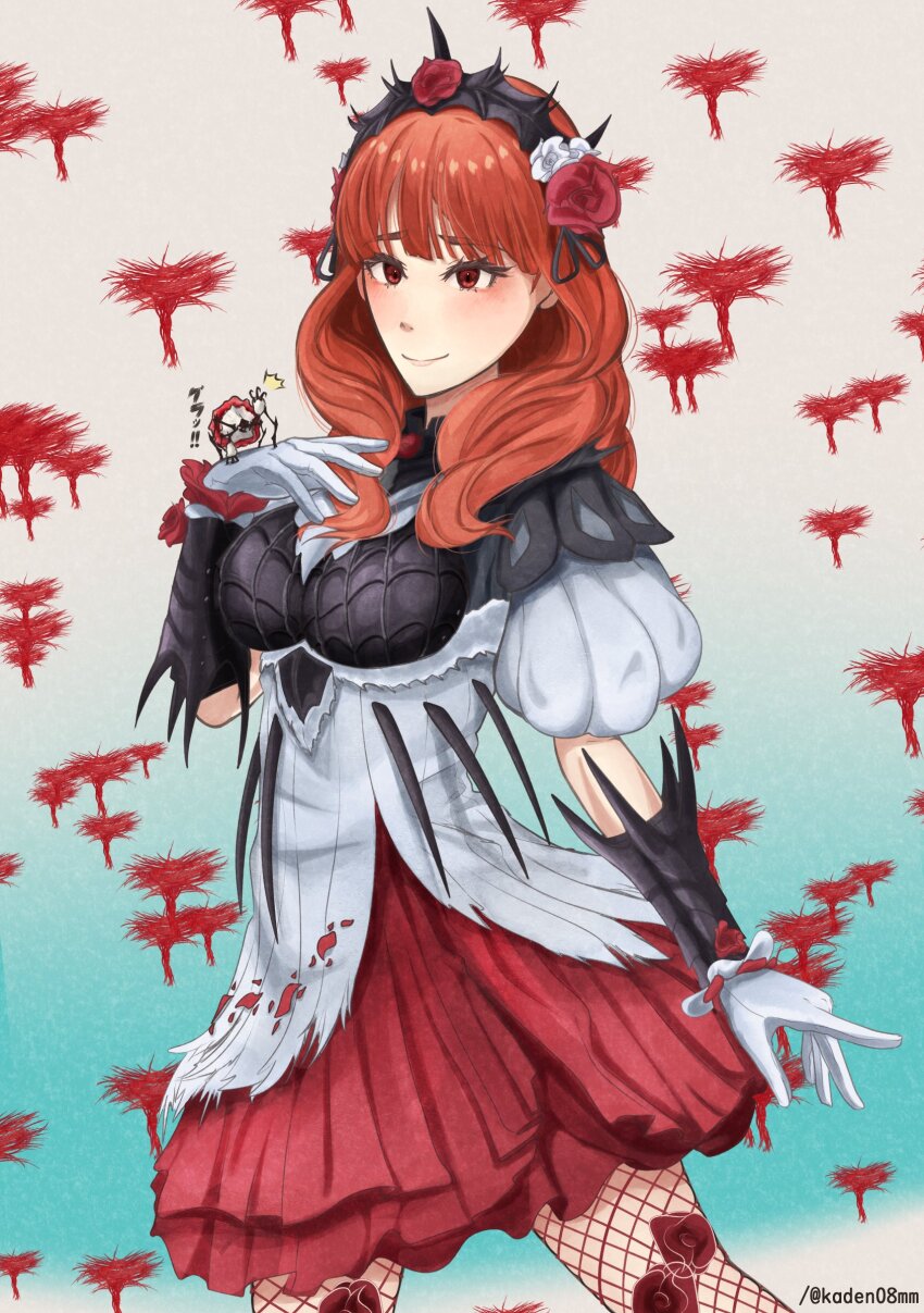 1girl absurdres armor black_armor breastplate bug celica_(fire_emblem) crown_of_thorns fire_emblem fire_emblem_echoes:_shadows_of_valentia fishnet_pantyhose fishnets flower fusion gloves head_wreath highres kaden08mm lala_barina_(monster_hunter_wilds) long_hair monster_hunter_(series) monster_hunter_wilds nintendo pantyhose princess red_eyes red_flower red_hair red_rose red_skirt rose silk skirt spider spider_web thorns tiara white_gloves