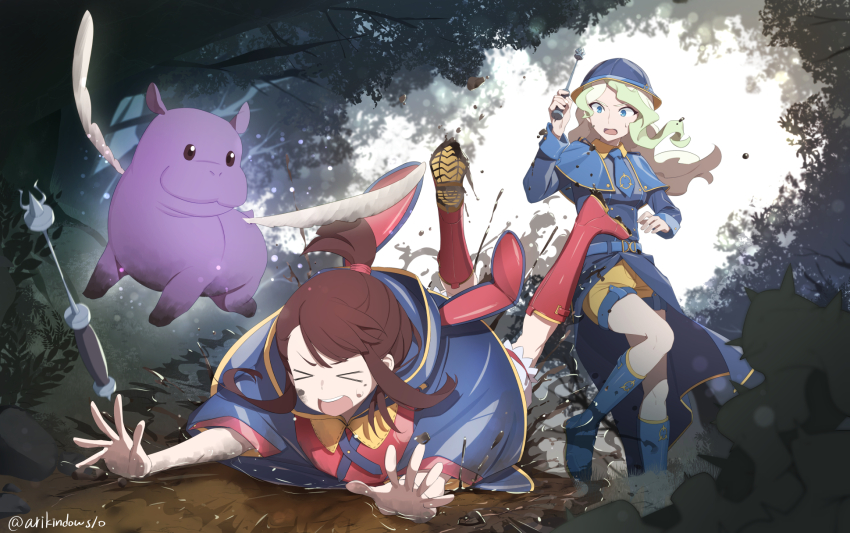 &gt;_&lt; 2girls accident animal animal_ears arikindows10 belt blonde_hair blue_belt blue_coat blue_eyes blue_footwear blue_necktie boots brown_hair bucket_hat coat commission diana_cavendish fake_animal_ears flying_animal forest full_body hat highres hippopotamus holding holding_wand hood hooded_coat kagari_atsuko little_witch_academia long_hair looking_at_another mud multicolored_hair multiple_girls nature necktie open_mouth rabbit_ears red_footwear short_shorts shorts signature skeb_commission streaked_hair tree tripping wand water wet white_wings wing_collar wings yellow_shorts