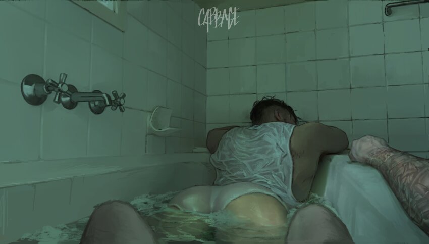 2boys absurdres arm_tattoo artist_name ass ass_focus asymmetrical_hair back bara bathing bathtub black_hair briefs cabbagecandraw call_of_duty call_of_duty:_modern_warfare_2 ghost_(modern_warfare_2) highres male_focus male_underwear multiple_boys muscular muscular_male realistic same-sex_bathing shared_bathing short_hair sidecut soap_(modern_warfare_2) solo_focus tank_top tattoo thick_thighs thighs undercut underwear water white_male_underwear white_tank_top yaoi