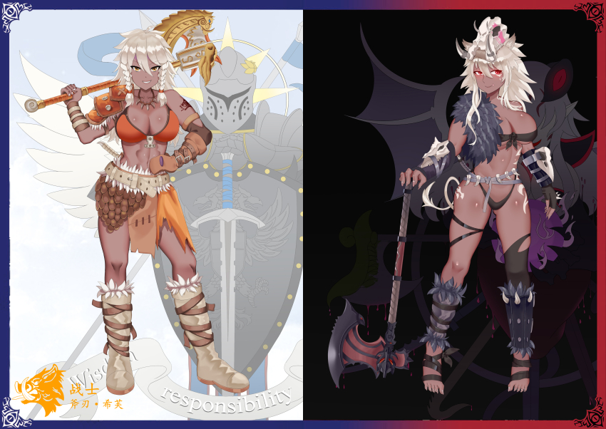 1girl abs absurdres animal_ear_fluff animal_ears arm_tattoo ass_tattoo axe battle_axe before_and_after belt_bra boar_ears boar_tail boots chest_tattoo corruption dark-skinned_female dark_skin diver_(artist) facial_tattoo female_orc glowing glowing_eyes gluteal_fold grey_hair high_orc_(monster_girl_encyclopedia) highres hip_tattoo long_hair looking_at_viewer monster_girl monster_girl_encyclopedia monsterification orc pig_ears pig_tail red_eyes revealing_clothes shoulder_tattoo skull smile stomach_tattoo tail tattoo thong tongue tongue_out transformation weapon yellow_eyes
