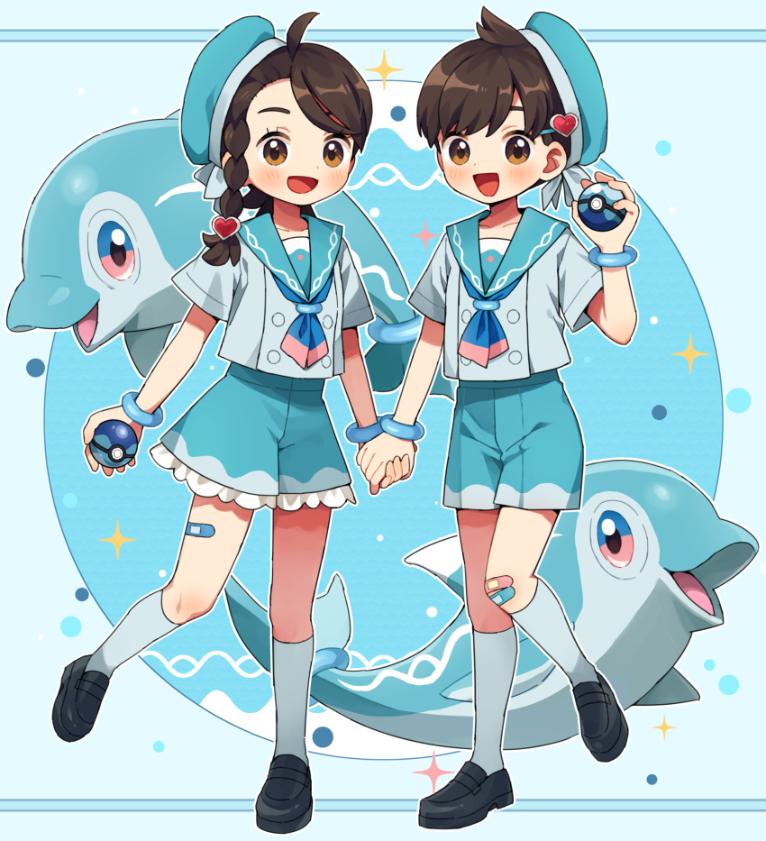 1boy 1girl :d ahoge alternate_costume aqua_hat aqua_sailor_collar aqua_shorts bandaid bandaid_on_knee bandaid_on_leg black_shoes blush braid brown_eyes brown_hair child dive_ball dolphin eyelashes finizen florian_(pokemon) hair_ornament hat heart heart_hair_ornament highres holding holding_hands holding_poke_ball juliana_(pokemon) kneehighs multicolored_eyes nintendo open_mouth outline poke_ball pokemon pokemon_sv rii_(pixiv11152329) sailor_collar shirt shoes short_hair short_sleeves shorts side_braid single_braid smile socks standing standing_on_one_leg two-tone_eyes white_outline white_shirt white_socks