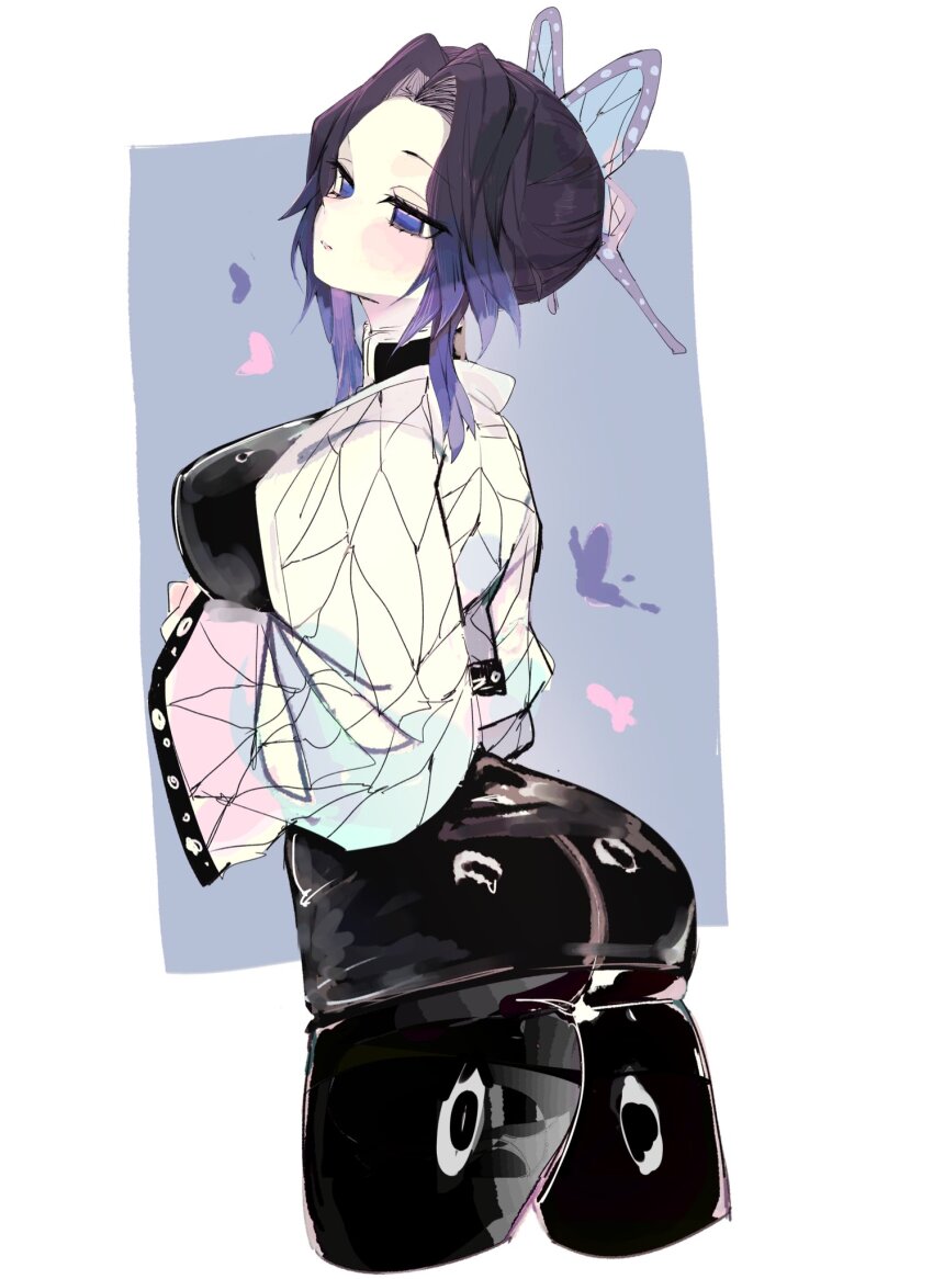 1girl arm_under_breasts ass black_dress black_hair black_pantyhose border breasts bug butterfly butterfly_hair_ornament closed_mouth commentary cropped_legs curtained_hair demon_slayer_uniform dress forehead from_behind gradient_hair grey_background hair_ornament haori heart highres insect japanese_clothes kimetsu_no_yaiba kochou_shinobu large_breasts lips long_sleeves looking_ahead medium_hair multicolored_hair no_pupils open_clothes outside_border pale_skin pantyhose purple_butterfly purple_eyes purple_hair shiny_clothes shiny_legwear short_dress sidelocks simple_background skin_tight solo standing turtleneck turtleneck_dress two-tone_hair usa37107692 white_border white_haori wide_sleeves