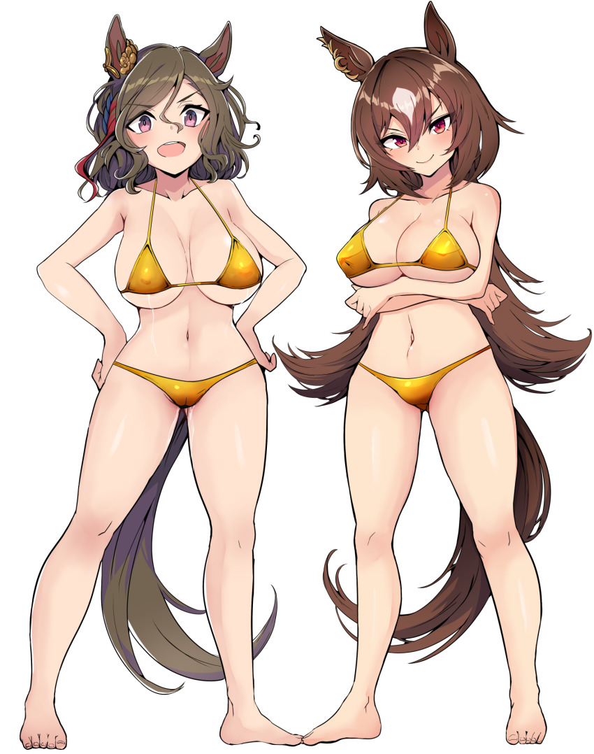 2girls akizuki_shigure animal_ears arms_under_breasts barefoot bikini breasts brown_hair cleavage commentary_request crossed_arms ear_ornament full_body gold_bikini hair_between_eyes hands_on_own_hips highres horse_ears horse_girl horse_tail large_breasts long_hair medium_hair multicolored_hair multiple_girls navel open_mouth purple_eyes red_eyes sirius_symboli_(umamusume) smile standing stomach streaked_hair swimsuit tail tap_dance_city_(umamusume) teeth transparent_background umamusume upper_teeth_only very_long_hair white_hair