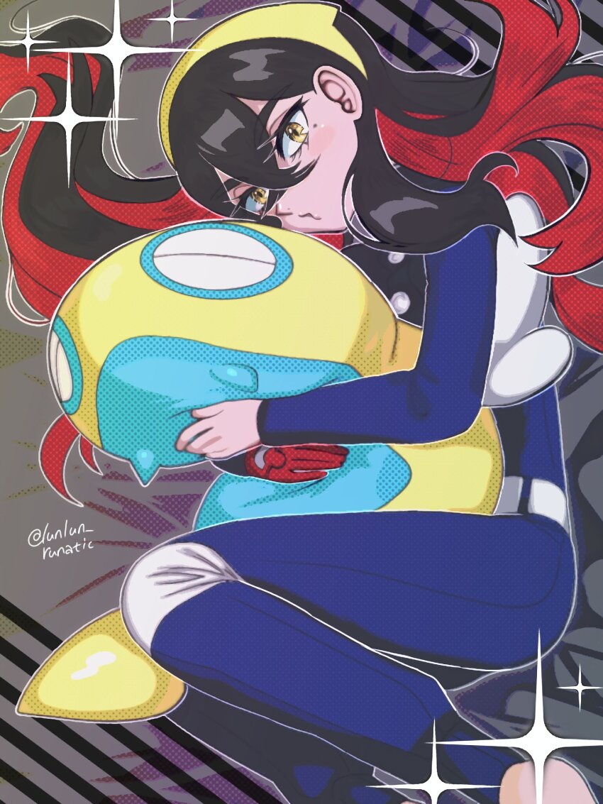 1girl black_hair blue_jacket blue_pants blueberry_academy_school_uniform carmine_(pokemon) character_doll colored_inner_hair crossed_bangs doll dunsparce gen_2_pokemon hair_between_eyes hairband highres holding holding_stuffed_toy jacket long_hair long_sleeves looking_at_viewer mole mole_under_eye multicolored_hair nintendo pants pokemon pokemon_sv puckered_lips red_hair runachikku school_uniform solo stuffed_toy twitter_username two-tone_hair yellow_eyes yellow_hairband