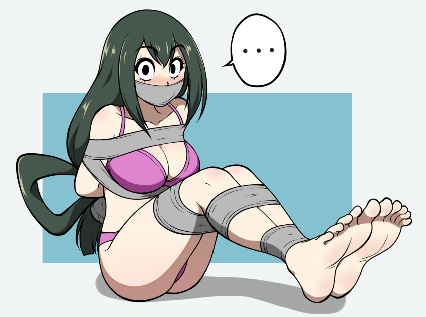 ... 1girl arms_behind_back asui_tsuyu barefoot black_eyes blush boku_no_hero_academia bound bound_legs bra breasts cleavage cloth_gag collarbone feet full_body gag gagged green_hair improvised_gag jam-orbital large_breasts long_hair looking_at_viewer over_the_nose_gag panties pink_bra pink_panties restrained simple_background soles solo tape tape_bondage tape_gag toes underwear