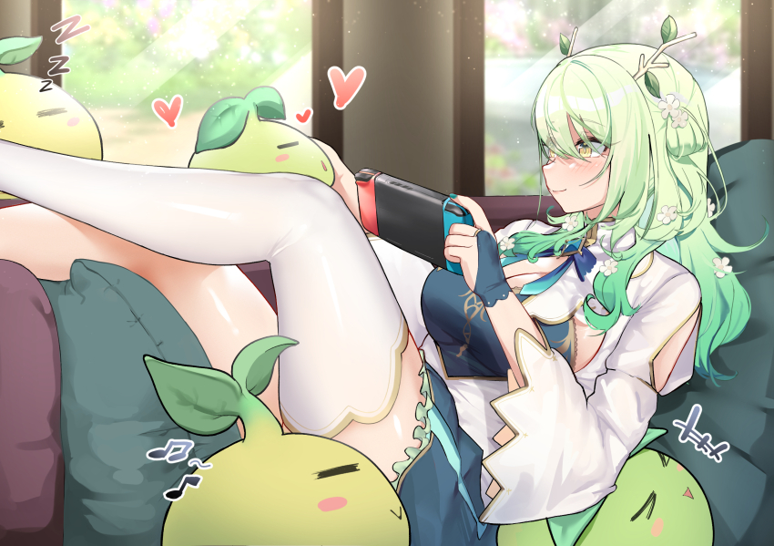 1girl antlers blush breasts ceres_fauna ceres_fauna_(1st_costume) cleavage closed_mouth commentary dress english_commentary eyes_visible_through_hair feet_out_of_frame flower from_side green_hair green_nails hair_between_eyes hair_flower hair_ornament handheld_game_console highres holding holding_handheld_game_console hololive hololive_english horns large_breasts legs legs_up long_hair long_legs long_sleeves lying nintendo_switch on_back single_thighhigh smile solo thighhighs thighs tnolize virtual_youtuber white_thighhighs yellow_eyes