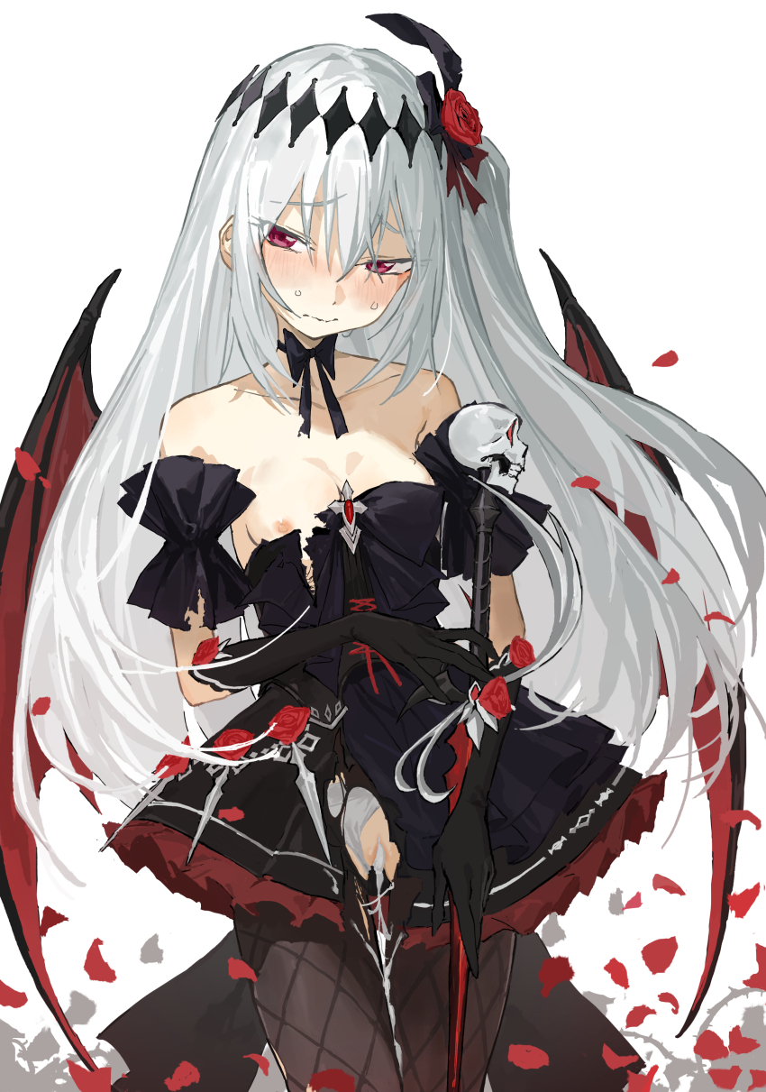 1girl absurdres bare_shoulders bat_wings black_bow black_bowtie black_dress black_gloves blush bow bowtie breasts closed_mouth collarbone commission dress falling_petals fishnet_pantyhose fishnets flower frilled_dress frills gloves hair_flower hair_ornament highres holding holding_staff long_hair mare_(ac8231) medium_breasts naked_bowtie nipples original pantyhose perorin petals pixiv_commission pussy red_eyes red_flower red_rose rose skull solo staff sweatdrop thorns torn_clothes torn_dress white_hair wings