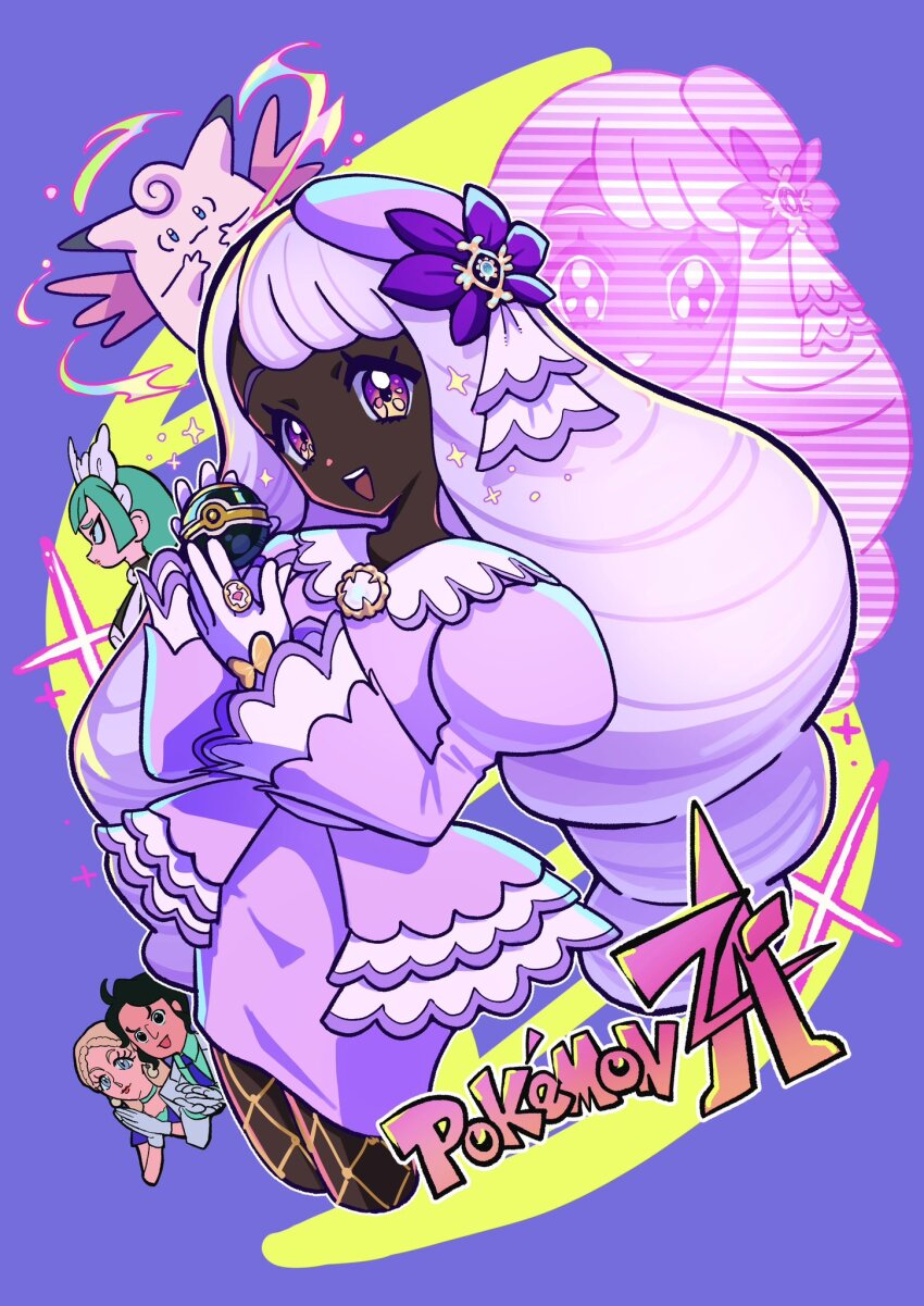1boy 4girls apron braid brown_eyes character_request clefable dark-skinned_female dark_skin dress eyelashes gen_1_pokemon gloves green_hair highres holding holding_poke_ball jacinthe_(pokemon) lebanne_(pokemon) logo long_hair long_sleeves looking_at_viewer luxury_ball maid_headdress multiple_girls nintendo parted_lips poke_ball pokemon pokemon_legends:_z-a puffy_sleeves purple_dress simple_background thighhighs wanowanoji67 white_apron white_gloves white_thighhighs wide_hips zoom_layer