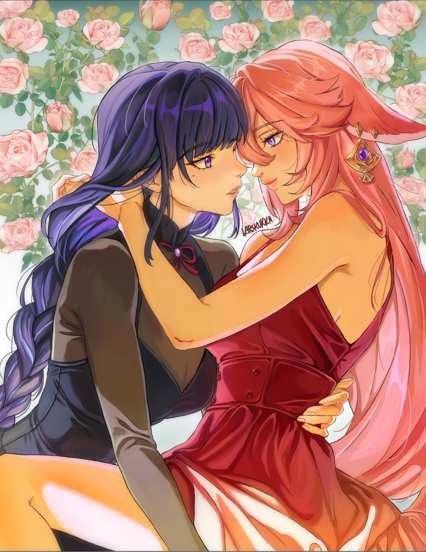2girls animal_ears artist_name bare_arms black_dress breasts commentary dress earrings eye_contact flower fox_ears genshin_impact hand_in_another&#039;s_hair hand_on_another&#039;s_waist highres jewelry large_breasts larskukka looking_at_another mole mole_under_eye multiple_girls parted_lips pink_flower pink_hair pink_rose purple_eyes purple_hair raiden_shogun red_dress rose sideboob sleeveless sleeveless_dress smile symbol-only_commentary yae_miko yuri