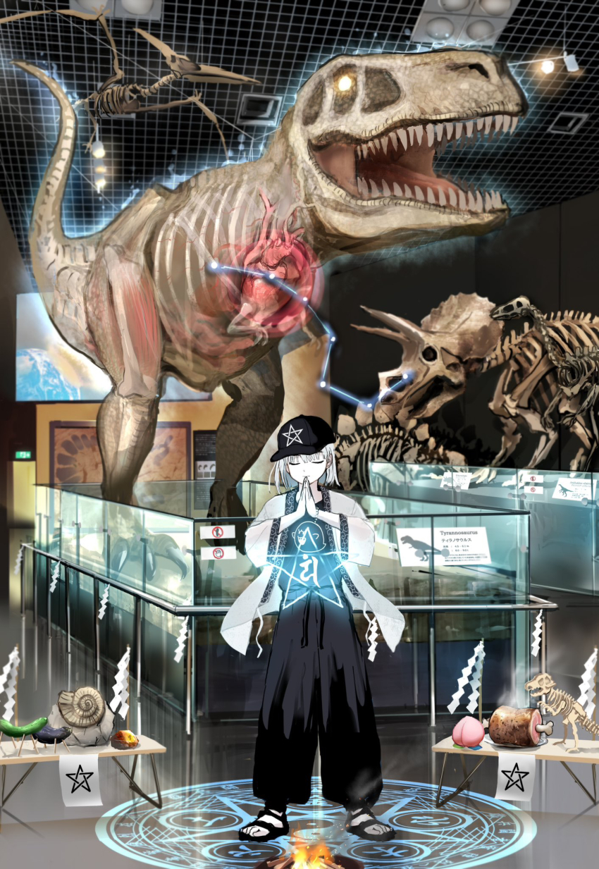 1girl amber_(gemstone) ammonite animal_request aura barefoot_sandals_(jewelry) baseball_cap big_dipper black_pants black_shirt boned_meat boo_(mario) casting_spell ceiling_light character_print check_animal closed_eyes commentary cucumber dinosaur eggplant english_commentary facing_viewer food fossil fruit full_body gem giba_ryan happi hat heart_(organ) highres indoors japanese_clothes magic_circle mario_(series) meat medium_hair museum nintendo original own_hands_together palms_together pants peach pentagram print_headwear print_shirt pterosaur puffy_pants reflective_floor resurrection ritual shide shirt siddham solo standing stegosaurus triceratops tyrannosaurus_rex velociraptor white_hair