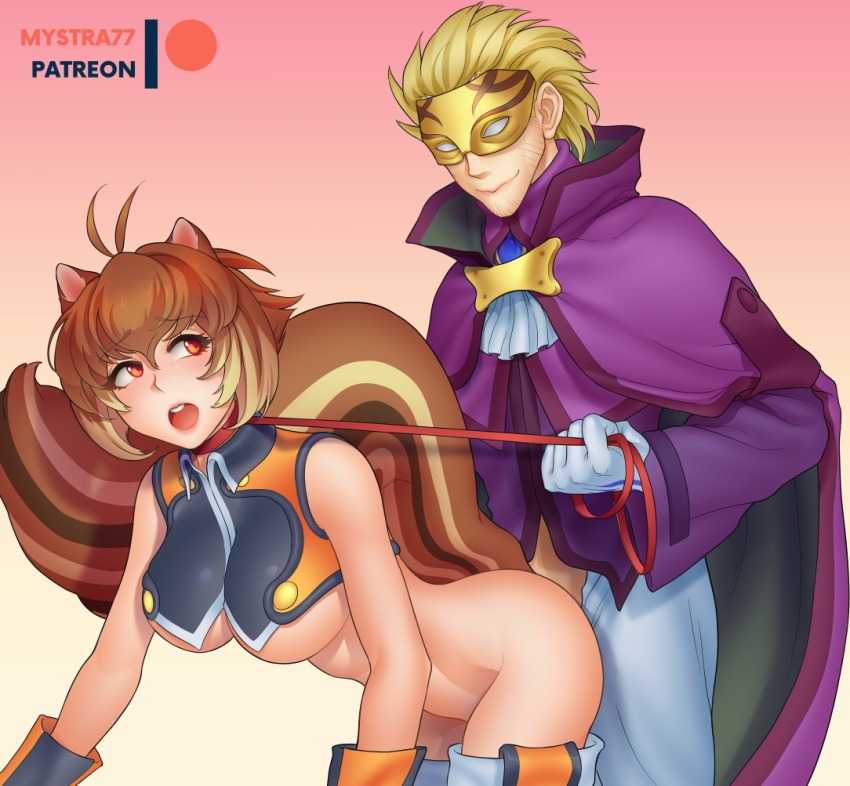 1boy 1girl animal_ears bdsm blazblue blonde_hair breasts brown_hair cape clothed_sex collar doggystyle hetero large_breasts leash makoto_nanaya mystra77 patreon patreon_username pet_play relius_clover sex sex_from_behind short_hair slave smile squirrel_ears squrriel_tail underboob