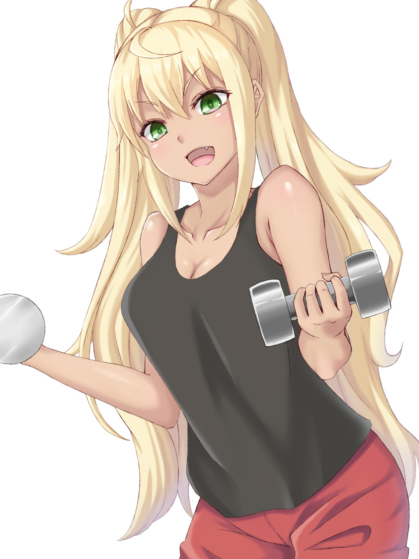 1girl :d ahoge bare_arms bare_shoulders black_shirt blonde_hair blush breasts bright_pupils cleavage collarbone commentary_request cowboy_shot dual_wielding dumbbell dumbbell_nan_kilo_moteru? exercising eyelashes fang green_eyes gym_uniform hair_between_eyes hands_up happy heikichi highres holding holding_dumbbell large_breasts long_hair looking_at_viewer open_mouth red_shorts sakura_hibiki shirt shorts sidelocks simple_background sleeveless sleeveless_shirt smile solo tsurime twintails v-shaped_eyebrows very_long_hair white_background