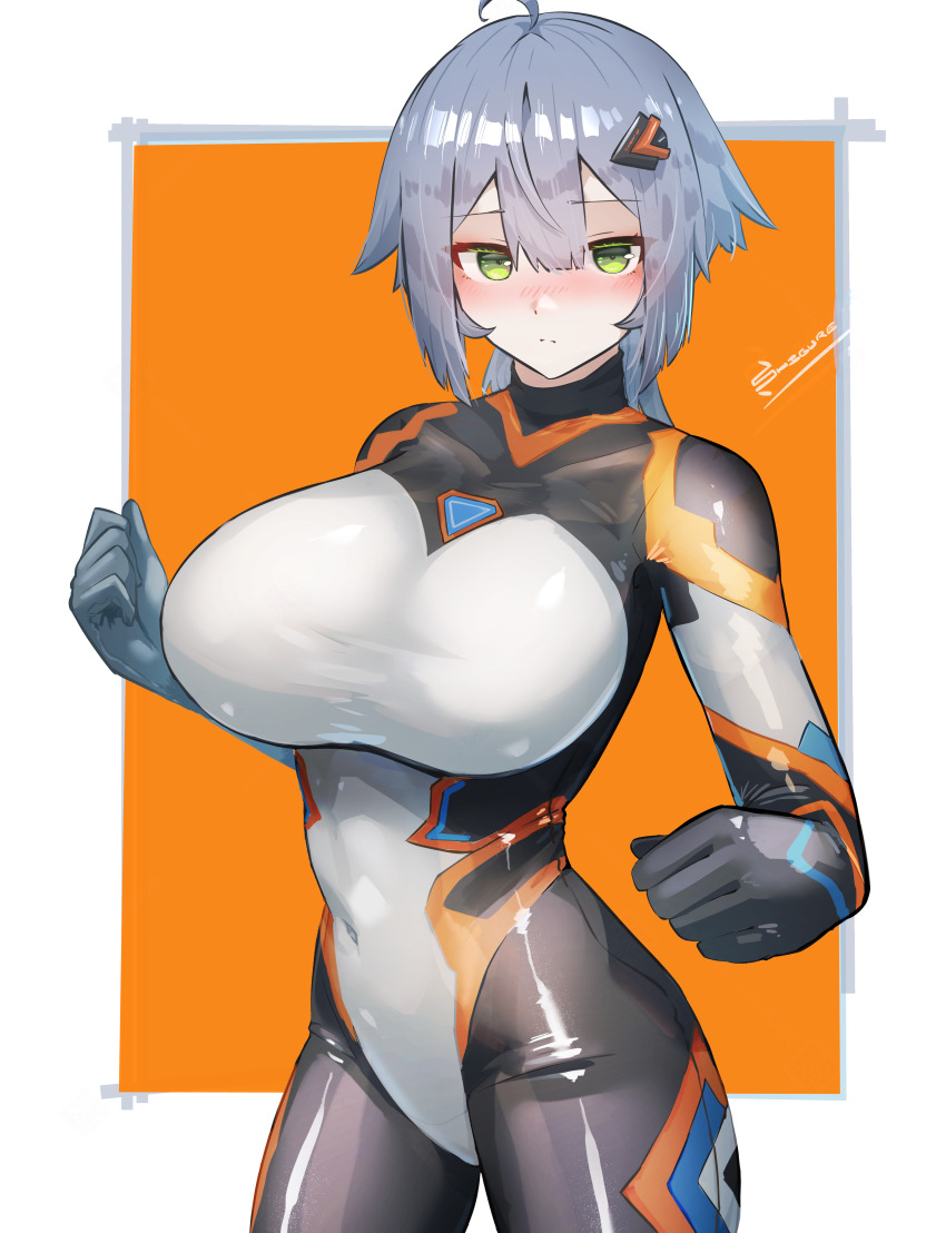 1girl absurdres ahoge black_bodysuit blush bodysuit breasts closed_mouth colossus_(natsukaze_shigure) covered_navel green_eyes grey_hair hair_ornament hairclip highres impossible_bodysuit impossible_clothes large_breasts looking_at_viewer natsukaze_shigure original short_hair skin_tight solo