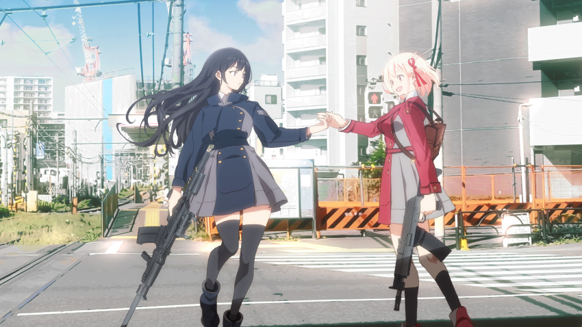 2girls black_hair black_socks black_thighhighs blonde_hair blue_sky blush breasts building cloud commentary_request day dress grey_dress gun hair_ribbon highres holding holding_gun holding_hands holding_weapon inoue_takina kneehighs long_hair long_sleeves lycoris_recoil lycoris_uniform multiple_girls nishikigi_chisato one_side_up outdoors photo_background pleated_dress purple_eyes railroad_crossing red_dress red_eyes red_ribbon ribbon road shadow shirt short_hair shotgun sky smile socks thighhighs two-tone_dress vepr-12 washu_junkyu weapon