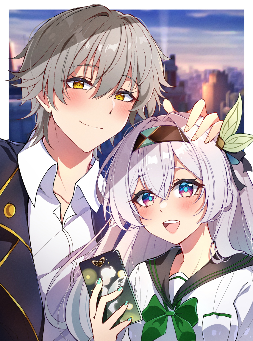 1boy 1girl absurdres black_coat black_ribbon black_sailor_collar blush brown_hairband caelus_(honkai:_star_rail) cellphone cityscape coat collared_shirt firefly_(honkai:_star_rail) gradient_eyes green_neckerchief green_pupils grey_hair hair_between_eyes hair_intakes hair_ornament hair_ribbon hairband hand_on_another&#039;s_head highres holding holding_phone honkai:_star_rail honkai_(series) midori_(midori13579) multicolored_eyes nail_polish neckerchief open_clothes open_coat open_mouth phone ribbon sailor sailor_collar shirt smartphone smile teeth trailblazer_(honkai:_star_rail) upper_teeth_only white_shirt yellow_eyes