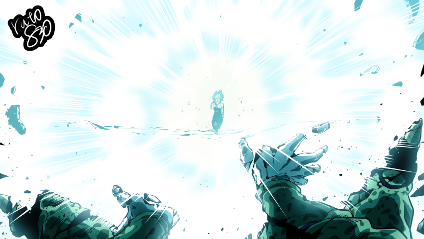 1boy black_nails breaking cell_(dragon_ball) defeat dragon_ball dragonball_z dying father-son_kamehameha highres kamehameha_(dragon_ball) outstretched_arm perfect_cell pov pov_hands ruto830 shockwave son_gohan super_saiyan super_saiyan_2 walking walking_towards_viewer