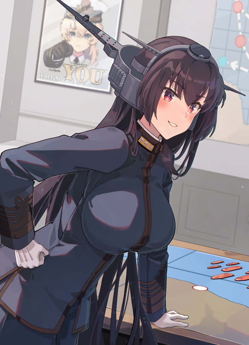 1girl alternate_costume artist_name black_hair black_necktie blue_jacket blue_pants breasts buttons collared_shirt commentary_request dated double-breasted gloves headgear highres himeyamato i_want_you jacket kantai_collection large_breasts long_hair long_sleeves map military_dress_uniform military_uniform nagato_(kancolle) naval_dress_uniform naval_uniform necktie pants red_eyes shirt short_hair sitting solo_focus standing very_long_hair warspite_(kancolle) white_gloves white_shirt