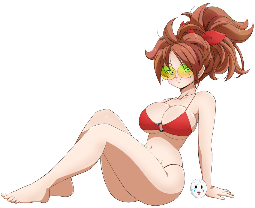 1girl android_21 breasts brown_hair caisama dragon_ball dragon_ball_super dragon_ball_super_super_hero glasses large_breasts smile swimsuit