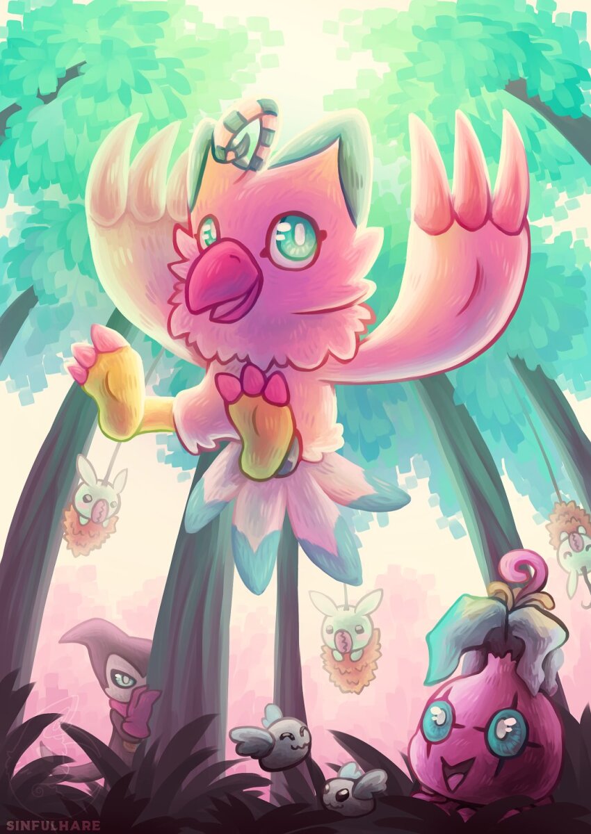 ahoge arms_up bird blue_eyes bright_pupils bug claws digimon digimon_(creature) feathers flying forest full_body hanging_from_tree hiding highres impmon looking_at_viewer minomon nature pink_feathers piyomon pyocomon sinfulhare tree white_pupils