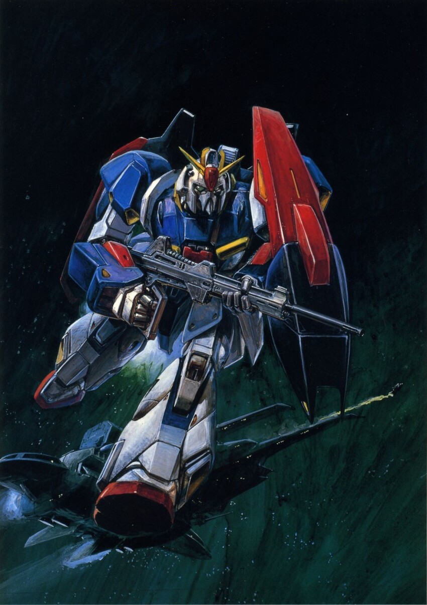 beam_rifle energy_gun gundam highres mecha official_art robot shield space spacecraft takani_yoshiyuki weapon zeta_gundam zeta_gundam_(mobile_suit)