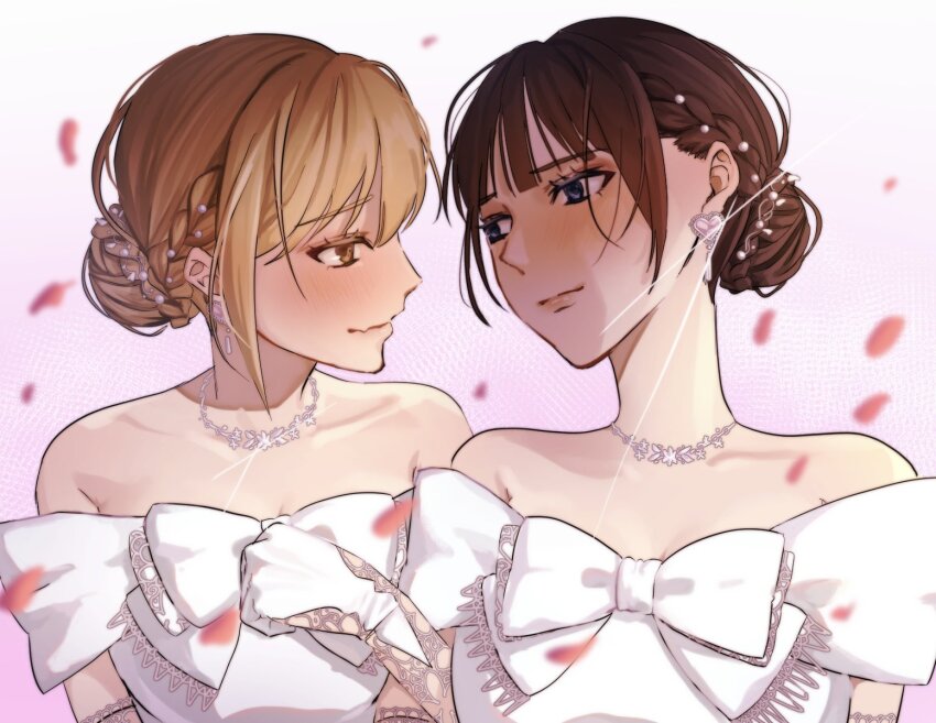 2girls bare_shoulders blue_eyes blush brown_eyes brown_hair closed_mouth commentary couple dress earrings eye_contact eyebrows_hidden_by_hair falling_petals fang female_focus gloves gradient_background hair_between_eyes hair_bun heart heart_earrings highres jewelry lips locked_arms looking_at_another multiple_girls neck necklace off-shoulder_dress off_shoulder original petals pink_background skin_fang symbol-only_commentary tanakka upper_body wedding_dress white_background white_dress white_gloves wife_and_wife yuri