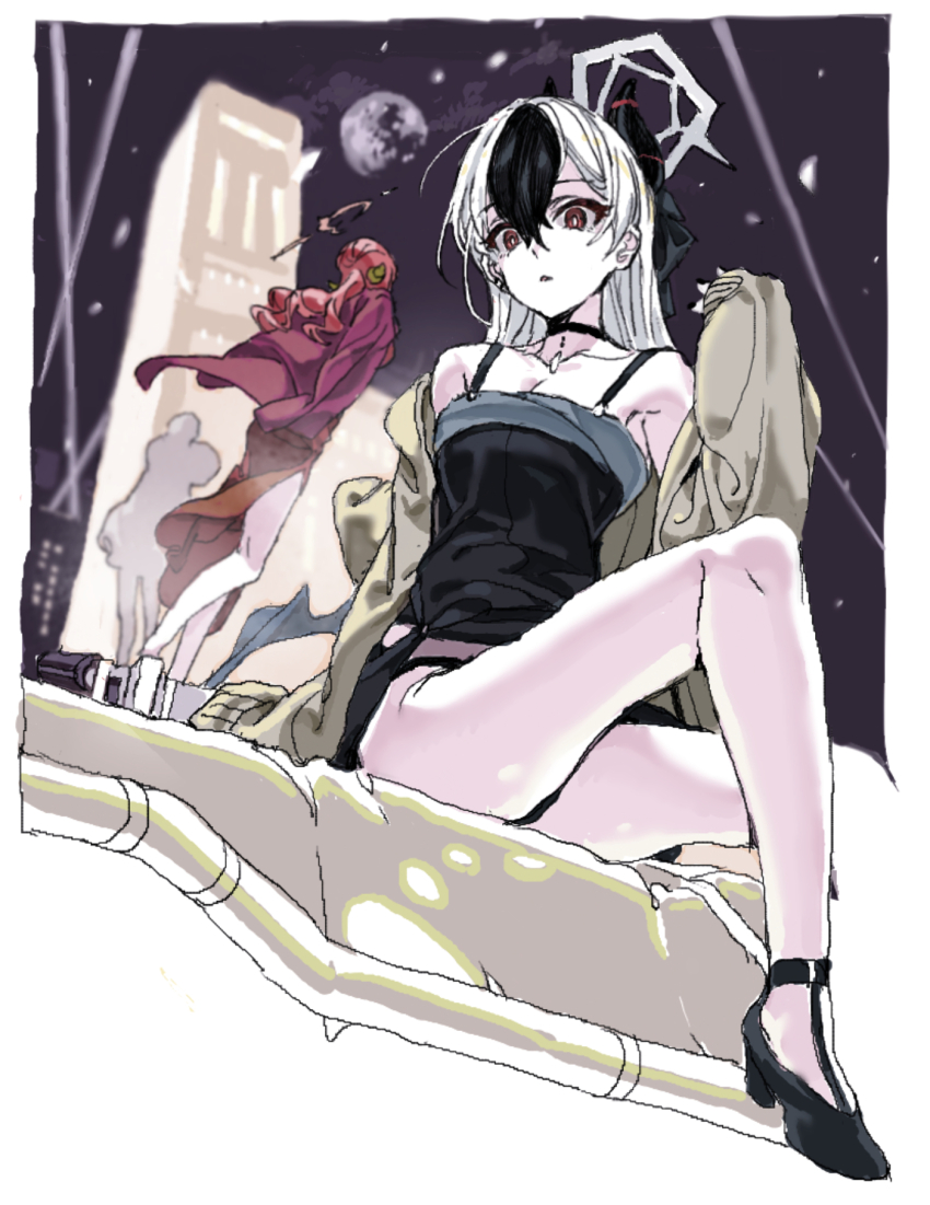 1other 2girls ambiguous_gender aru_(blue_archive) aru_(dress)_(blue_archive) black_choker black_footwear black_hair black_shirt black_skirt blue_archive border breasts brown_cardigan building cardigan cardigan_partially_removed choker city cleavage commentary_request dress facing_away gibbous_moon halo hand_up high_heels highres horns jacket jacket_on_shoulders jaggy_lines kayoko_(blue_archive) kayoko_(dress)_(blue_archive) long_hair looking_at_viewer looking_down medium_breasts microskirt midriff moon multicolored_hair multiple_girls night nobita_(makoto7060355) open_cardigan open_clothes outdoors partially_colored red_dress red_eyes red_jacket searchlight shirt silhouette sitting skirt skyscraper sleeveless sleeveless_shirt standing strappy_heels streaked_hair white_border white_hair