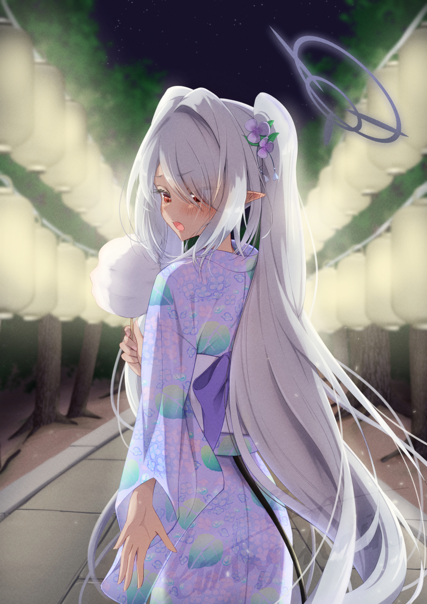 1girl absurdres alternate_costume backlighting black_bow blue_archive blurry blurry_background blush bow commentary cotton_candy cowboy_shot dark-skinned_female dark_skin demon_girl demon_tail ear_blush embarrassed eyelashes eyes_visible_through_hair festival film_grain floral_print floral_print_kimono flower food from_behind grey_hair grey_halo hair_flower hair_intakes hair_ornament hair_over_one_eye halo hand_up highres holding holding_cotton_candy holding_food iori_(blue_archive) japanese_clothes kanzashi kimagurain kimono lantern long_hair long_sleeves looking_down night open_mouth outdoors outstretched_hand paper_lantern perspective pointy_ears pov print_kimono purple_bow purple_flower purple_kimono reaching reaching_towards_viewer red_eyes road signature solo straight_hair summer_festival tail tsurime twintails very_long_hair wide_sleeves yukata