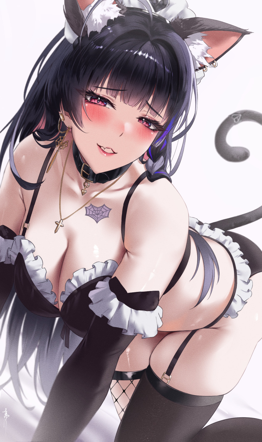1girl ahoge all_fours animal_ears black_hair blush bra braid breasts cat_ears cat_tail cleavage collar earrings extra_ears frills highres jewelry large_breasts lingerie long_hair looking_at_viewer meloco_kyoran multicolored_hair necklace nijisanji nijisanji_en panties purple_eyes purple_hair reo_no_suke skindentation solo streaked_hair tail tattoo thighhighs underwear very_long_hair virtual_youtuber