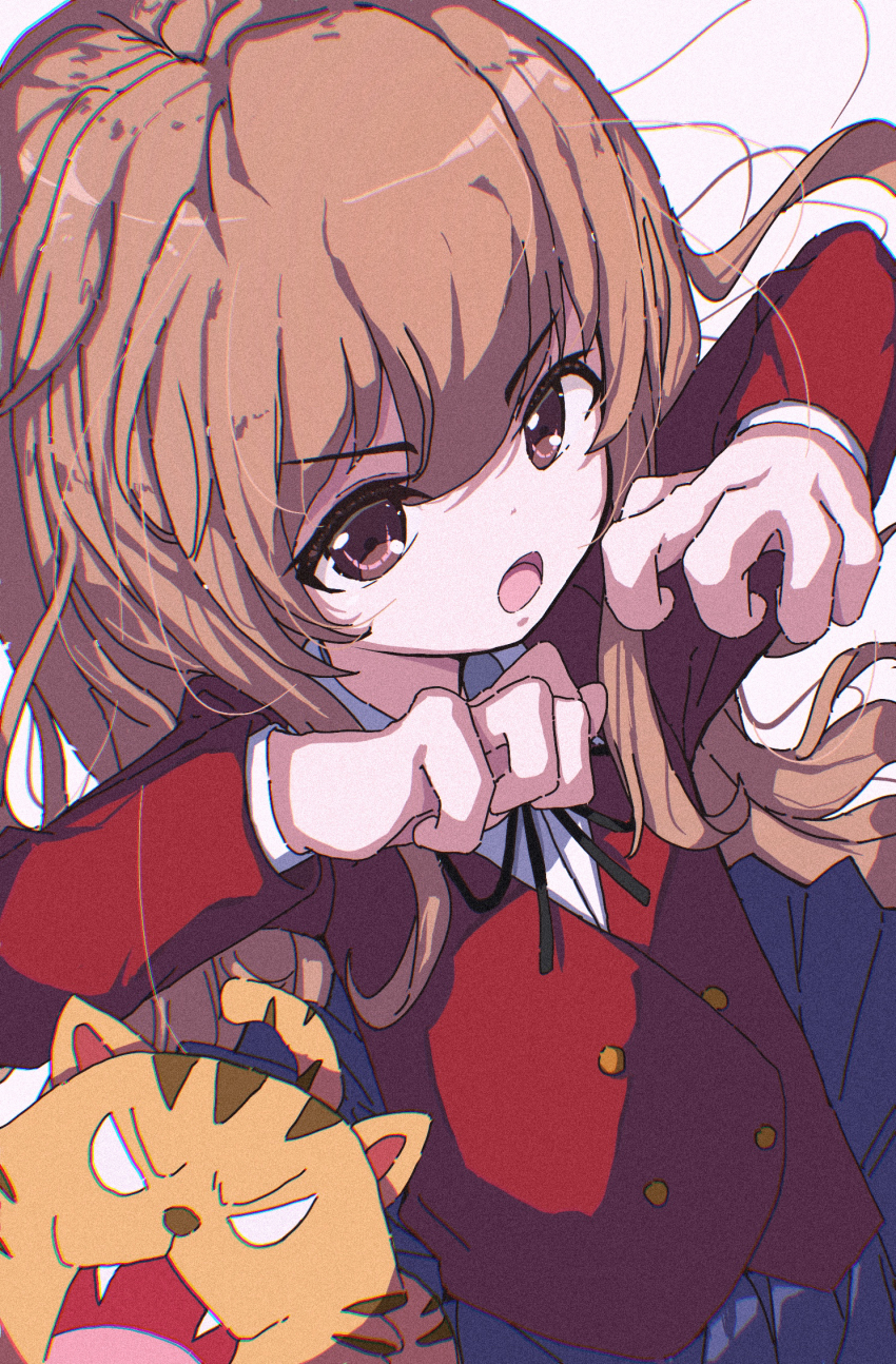 1girl aisaka_taiga black_ribbon blazer blue_skirt brown_eyes brown_hair buttons chromatic_aberration collared_shirt commentary double-breasted film_grain highres jacket long_hair long_sleeves looking_at_viewer looking_up messy_hair neck_ribbon oohashi_high_school_uniform open_mouth palmtop_tiger red_jacket ribbon school_uniform shirt simple_background skirt tachibanashiro17 tiger toradora! white_background white_shirt