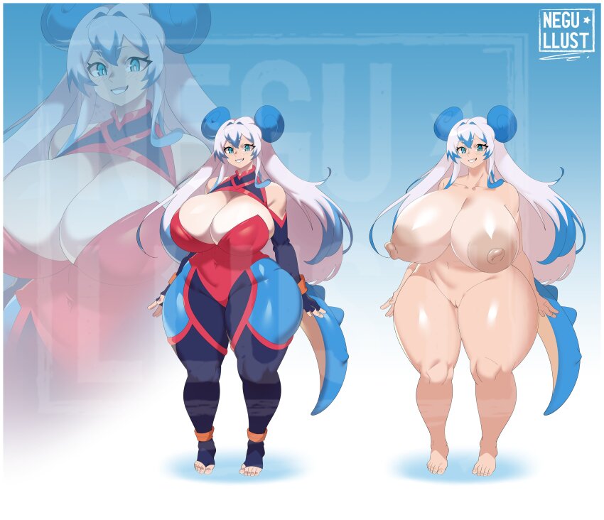 1girl absurdres animal_ears anklet armband artist_name bare_shoulders barefoot black_gloves blue_eyes blue_hair bodysuit breasts cleavage cleavage_cutout clothing_cutout completely_nude covered_navel curvy elbow_gloves feet fingerless_gloves gen_1_pokemon gigantic_breasts gloves hair_between_eyes hair_intakes hair_over_shoulder highres huge_areolae huge_breasts huge_nipples jewelry lapras long_hair multicolored_bodysuit multicolored_hair multiple_views navel negullust nintendo nipples nude personification plump pokemon pussy skin_tight smile solo tail teeth thick_thighs thighs toeless_legwear two-tone_hair white_hair wide_hips wristband zoom_layer