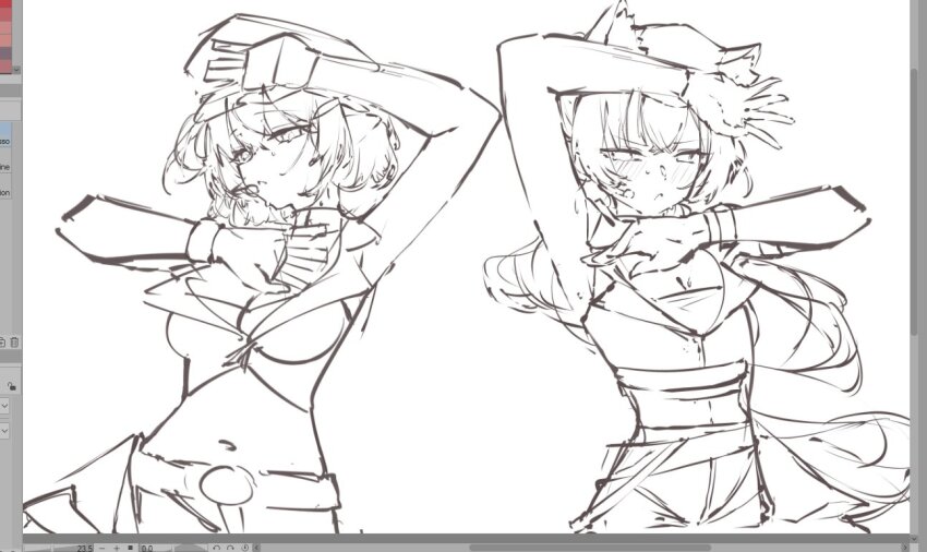 2girls animal_ears ayane_(idol)_(blue_archive) betabeet blue_archive breasts cat_ears cat_girl cleavage crop_top cropped_vest elf hair_between_eyes hat large_breasts multiple_girls navel peaked_cap pointy_ears serika_(idol)_(blue_archive) shorts sketch vest