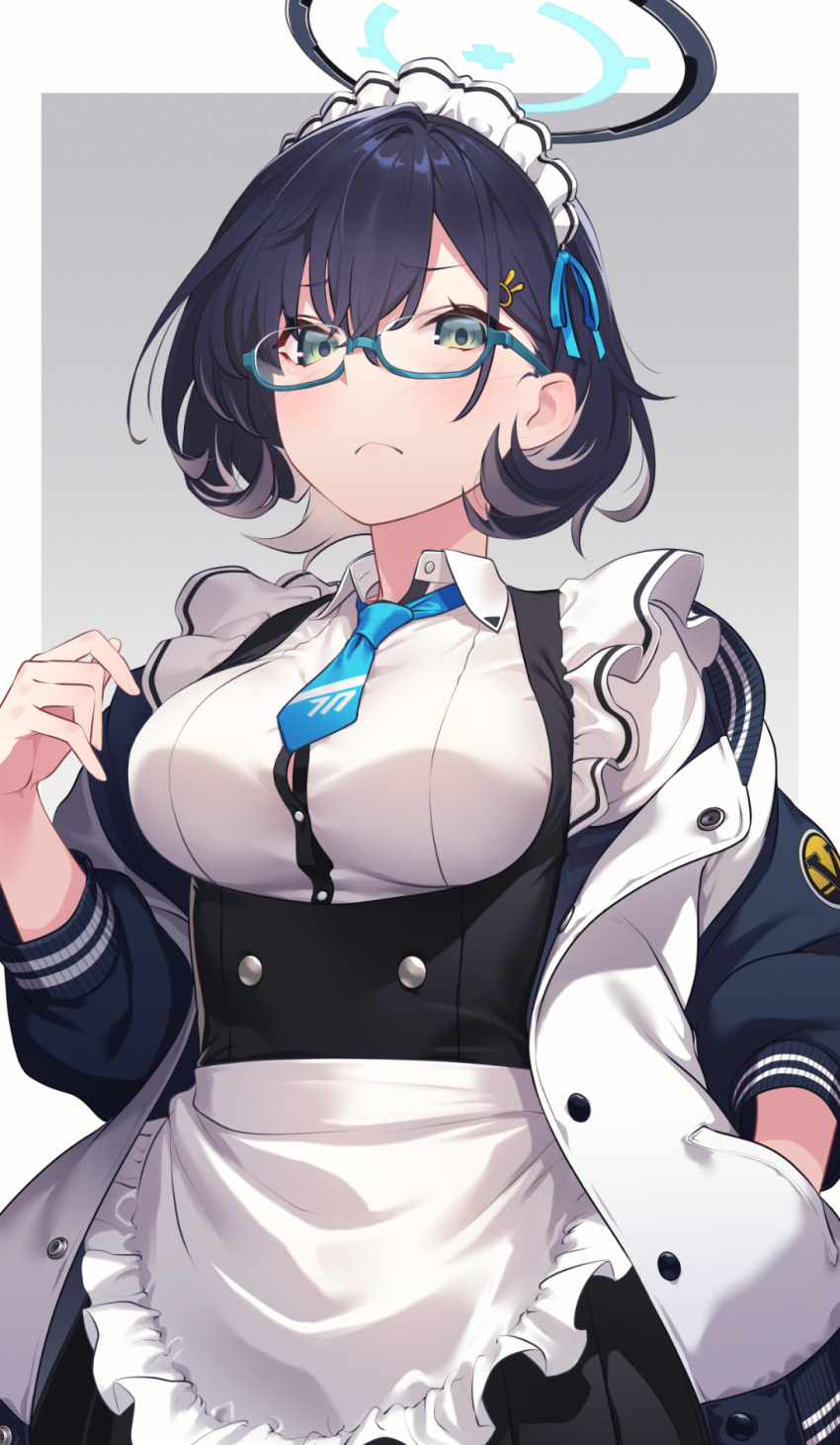 1girl apron blue_archive blue_eyes blue_necktie breasts chihiro_(blue_archive) closed_mouth glasses green_eyes halo hand_in_pocket highres hikichi_sakuya jacket large_breasts looking_at_viewer maid maid_apron maid_headdress necktie off_shoulder open_clothes open_jacket
