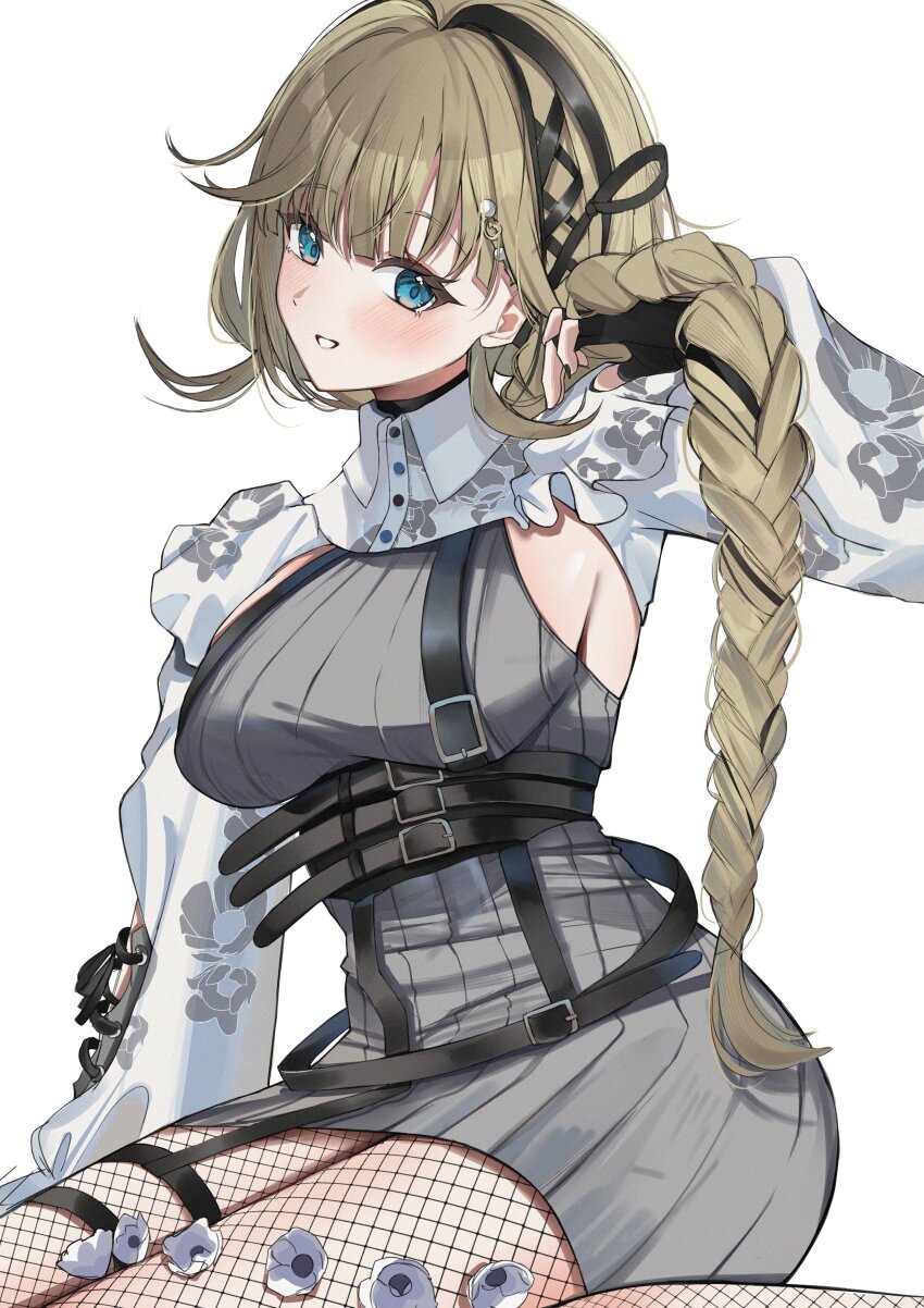 1girl absurdres adjusting_hair black_choker black_gloves blue_eyes braid breasts brown_hair cattleya_regina_games chest_belt choker dress fingerless_gloves fishnet_pantyhose fishnets gloves hair_ornament hanabusa_lisa hanabusa_lisa_(4th_costume) highres knit_sweater nemun_(tamizzz) pantyhose puffy_sleeves shrug_(clothing) sideboob simple_background sitting solo sweater sweater_dress thigh_strap virtual_youtuber vspo! wariza white_background x_hair_ornament