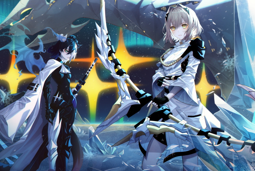 2girls aiguillette alchemy_stars armor ascot aurora black_gloves blue_hair bodysuit bow_(weapon) breasts commentary diffraction_spikes eyeshadow feet_out_of_frame fingerless_gloves gauntlets ginong gloves greaves green_eyes hair_intakes hair_ornament hair_over_one_eye highres holding holding_bow_(weapon) holding_sheath holding_weapon horns ice jacket jacket_on_shoulders lips looking_at_viewer makeup multicolored_hair multiple_girls pocket sharona_(alchemy_stars) sheath short_hair single_wing small_breasts snowflakes soroz_(alchemy_stars) standing sword tail two-tone_hair vice_(alchemy_stars) weapon white_ascot white_hair white_jacket white_legwear wide_sleeves wings yellow_eyes