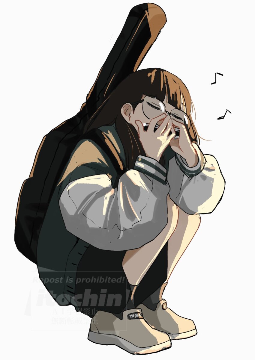 1girl black_socks blunt_bangs brown_hair closed_eyes commentary full_body guitar_case harmonica highres instrument instrument_case itochin_d jacket music musical_note original playing_instrument round_eyewear simple_background socks solo squatting symbol-only_commentary white_background