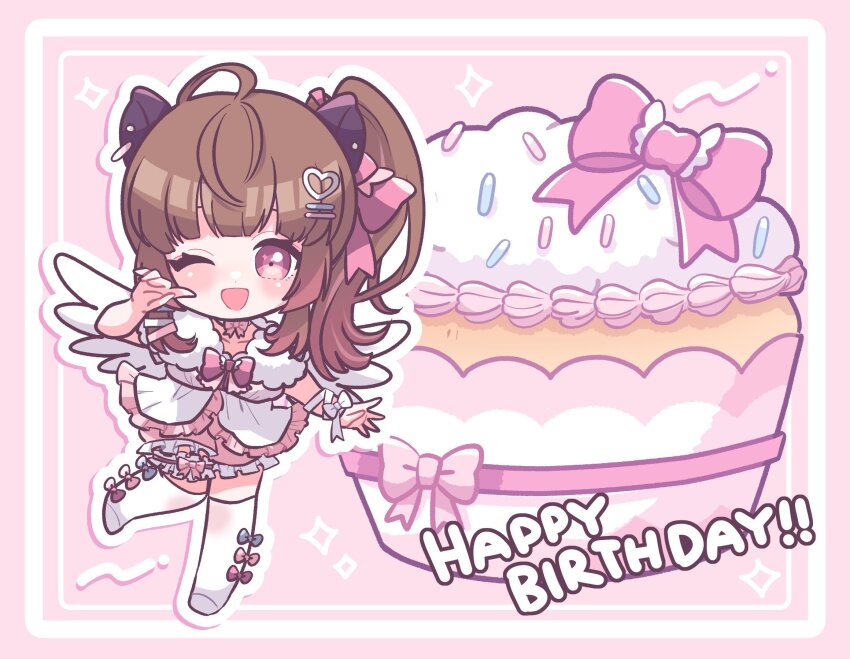 1girl :d animal_ears birthday_cake blue_bow blush bow bow_legwear brown_hair cake capybara_ears chibi commentary_request food frilled_shirt frilled_skirt frills full_body hair_ornament hairclip happy_birthday heart heart_hair_ornament highres kino_haruc long_hair looking_at_viewer nanashi_inc. one_eye_closed one_side_up open_mouth pink_background pink_bow pink_eyes pink_skirt shirt skirt smile solo sprinkles thighhighs virtual_youtuber white_bow white_shirt white_thighhighs wrist_bow yunohara_izumi