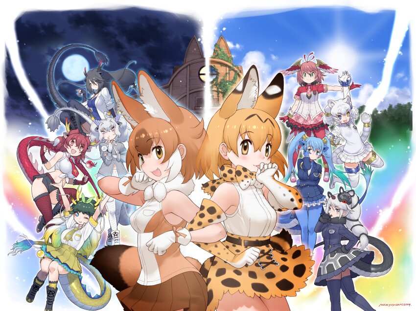 6+girls animal_ears animal_print bare_shoulders bird_tail bird_wings black_dragon_(kemono_friends) black_hair blonde_hair blue_eyes blue_hair blush bow bowtie breast_pocket breasts brown_hair byakko_(kemono_friends) closed_mouth coat dhole_(kemono_friends) dog_ears dog_girl dog_tail dragon_ears dragon_girl dragon_horns dragon_tail dress ear_tufts elbow_gloves extra_ears fingerless_gloves fishnet_gloves fishnets fur-tipped_tail genbu_(kemono_friends) giraffe_ears giraffe_girl giraffe_horns giraffe_tail gloves green_eyes grey_eyes grey_hair hair_between_eyes hair_ornament head_wings heterochromia highres horns jacket japari_symbol kemono_friends kemono_friends_3 kirin_(kemono_friends) lab_coat large_breasts long_hair long_sleeves long_tail looking_at_viewer multicolored_hair multicolored_horns multiple_girls navel necktie official_art open_clothes open_coat open_mouth pink_horns pocket print_bow print_bowtie purple_horns red_dragon_(kemono_friends) red_hair scale_print seiryuu_(kemono_friends) serval_(kemono_friends) shirt short_hair skirt sleeveless sleeveless_shirt smile snake stethoscope suzaku_(kemono_friends) tail thighhighs tied_shirt tiger_ears tiger_girl tiger_tail turtle_shell two-tone_hair white_coat white_dragon_(kemono_friends) white_hair white_tiger_print wings yellow_eyes yellow_horns yellow_trim yoshizaki_mine