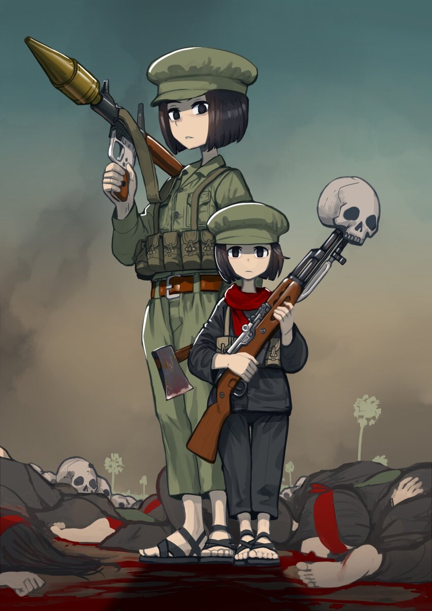 2girls ammunition_pouch axe black_hair black_pants black_shirt blood brown_eyes cambodia commentary commission death empty_eyes english_commentary erica_(naze1940) grass green_hat green_jacket green_pants gun hat highres holding holding_gun holding_rocket_launcher holding_weapon jacket khmer_rouge looking_at_viewer massacre multiple_girls original outdoors pants pouch red_scarf rifle rocket_launcher rpg-2 rpg_(weapon) sandals scarf second-party_source shaded_face shadow shirt short_hair sks skull smoke weapon