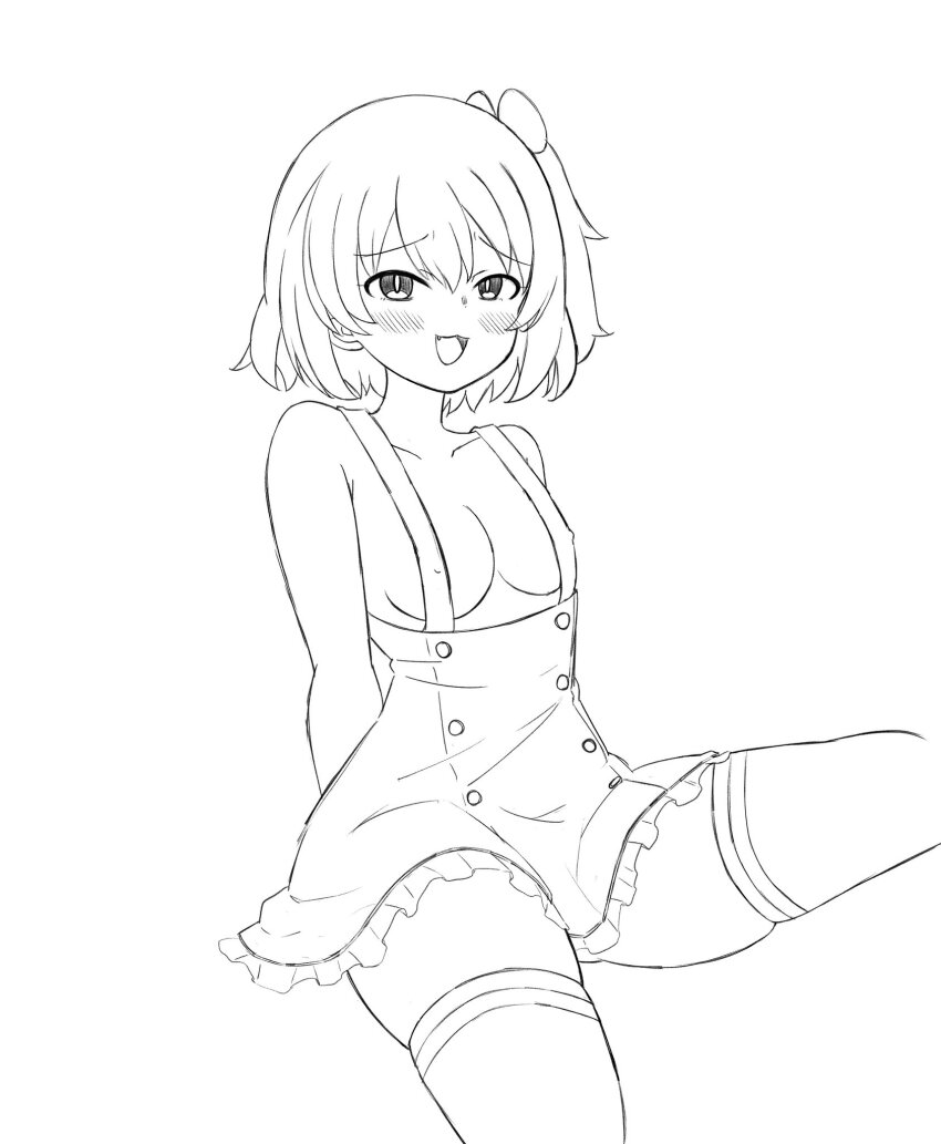 1girl :3 :d arms_behind_back assault_lily blush breasts buttons clover_hair_ornament collarbone commentary_request covered_erect_nipples cowboy_shot fang frilled_skirt frills greyscale hair_ornament high-waist_skirt highres hitotsuyanagi_riri invisible_chair looking_at_viewer medium_breasts monochrome one_side_up open_mouth raised_eyebrows school_uniform short_hair simple_background sitting skirt smile solo suspender_skirt suspenders thighhighs topless_female unu_(yayoinoasagohan) white_background yurigaoka_girls_academy_school_uniform