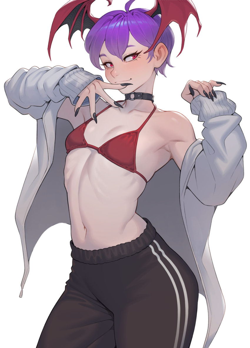 bikini bikini_top_only black_nails black_pants breasts cheshirrr choker closed_mouth darkstalkers grey_jacket head_wings highres jacket light_smile lilith_(darkstalkers) navel o-ring o-ring_choker pants photo-referenced purple_hair red_bikini red_eyes red_wings short_hair simple_background small_breasts swimsuit white_background wings