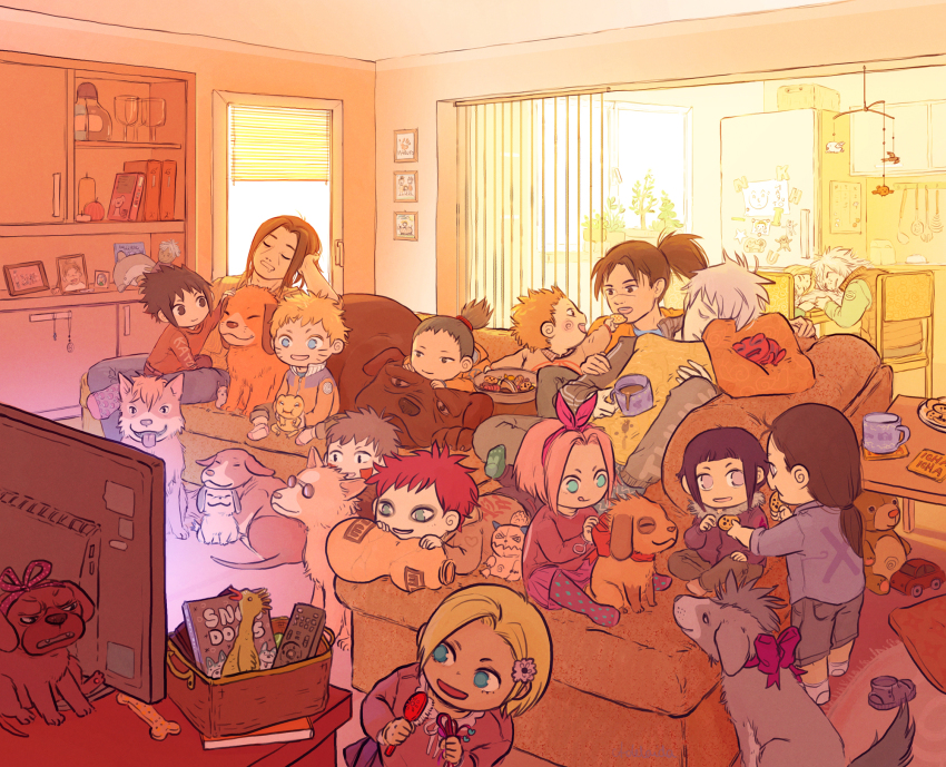 4girls 6+boys akamaru_(naruto) akimichi_chouji aqua_eyes basket bisuke_(naruto) black_eyes black_hair blonde_hair blue_eyes book bow brown_hair bull_(naruto) chair cheek_swirl closed_eyes coffee controller cookie couch cup cupboard cushion dog dog_biscuit drinking_glass eyebrows facial_mark food forehead frog gaara_(naruto) gamakichi gamatatsu gourd green_eyes hair_brush hair_ornament hairband hairclip haruno_sakura hatake_kakashi highres hyuuga_hinata hyuuga_neji inuzuka_kiba jiraiya_(naruto) katsuyu kitchen living_room multiple_boys multiple_girls nara_shikamaru naruto naruto_(series) pakkun_(naruto) pet_food photo_(medium) pink_hair plant plate ponytail portrait puppy purple_eyes red_hair refrigerator remote_control scar shiba_(naruto) short_hair shukaku_(naruto) sleeping slug socks stuffed_animal stuffed_toy table tail teddy_bear television toad_(animal) toaster toy_car tray tsunade_(naruto) uchiha_itachi uchiha_sasuke umino_iruka uzumaki_naruto whisker_markings white_hair window wine_glass yamanaka_ino