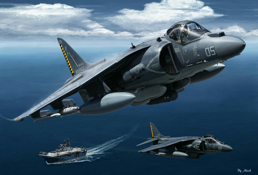 2others aircraft aircraft_carrier airplane ambiguous_gender artist_name blue_sky canopy_(aircraft) cloud cloudy_sky commentary commentary_request day english_commentary fighter_jet flying hawker_harrier horizon mick_(m.ishizuka) military_vehicle missile mixed-language_commentary multiple_others ocean original outdoors pilot realistic roundel ship sky united_states_marine_corps vehicle_focus warship water watercraft