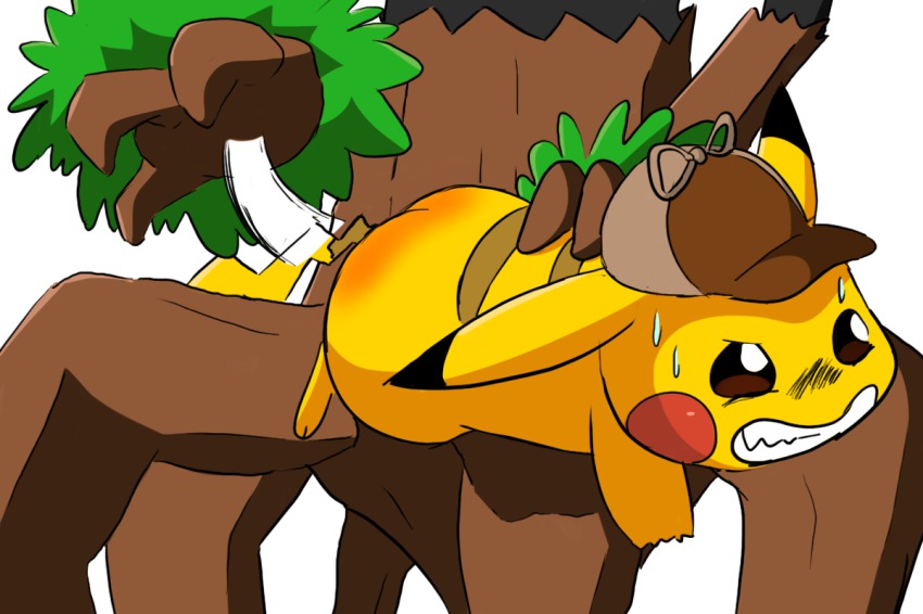 ass butt_crack clenched_teeth deerstalker detective_pikachu_(character) detective_pikachu_(game) detective_pikachu_(series) gen_1_pokemon gen_6_pokemon hat nintendo no_humans pikachu pokemon pokemon_(creature) spanked spanking teeth trevenant