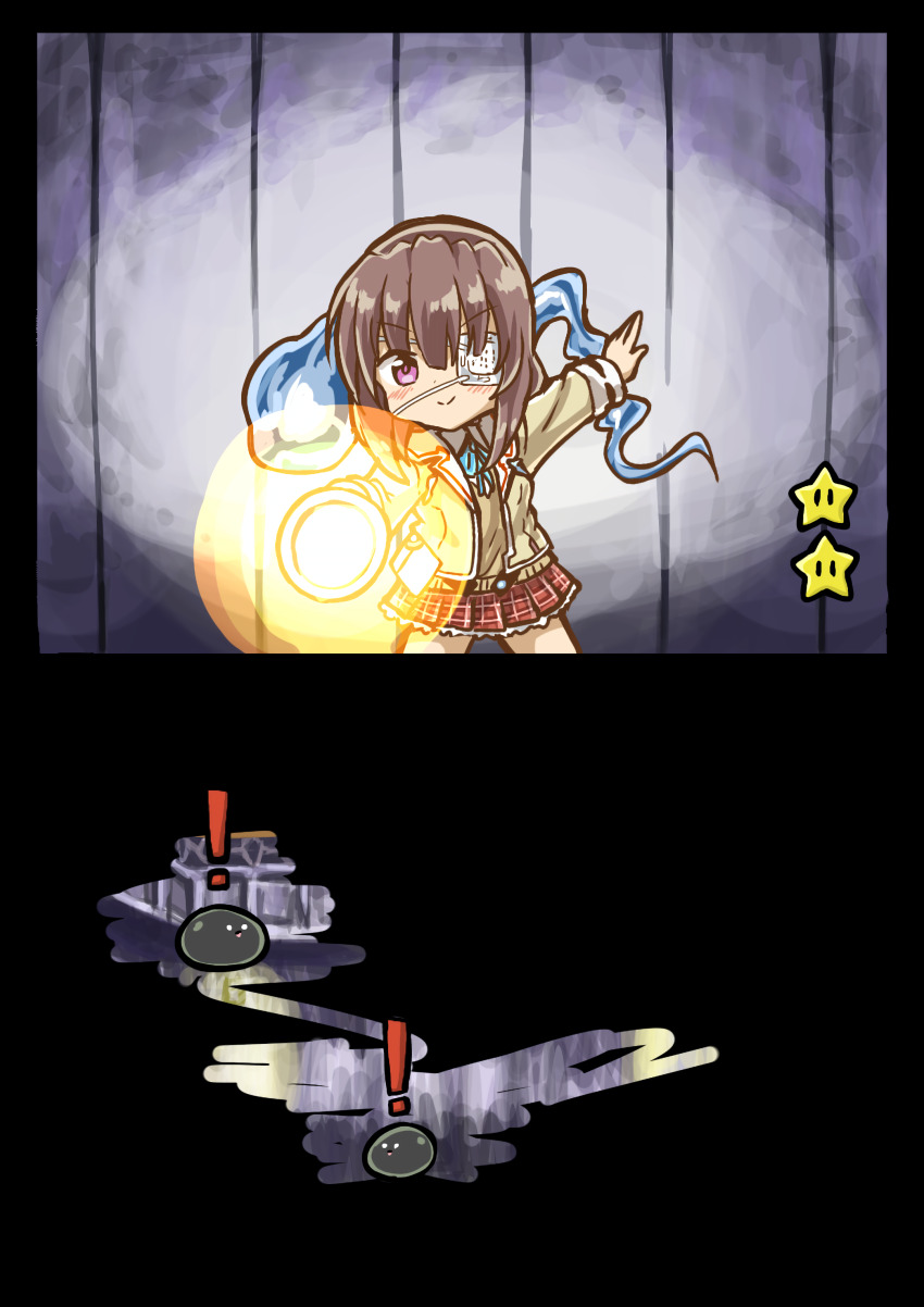 1girl absurdres brown_hair crossover eyepatch ghost heaven_burns_red highres hiiragi_kozue jacket long_sleeves marihei64ds mario_(series) medium_hair narvy_(heaven_burns_red) new_super_mario_bros. nintendo one_eye_covered plaid_clothes plaid_skirt purple_eyes red_skirt ribbon skirt super_mario_64 super_mario_64_ds super_star_(mario)
