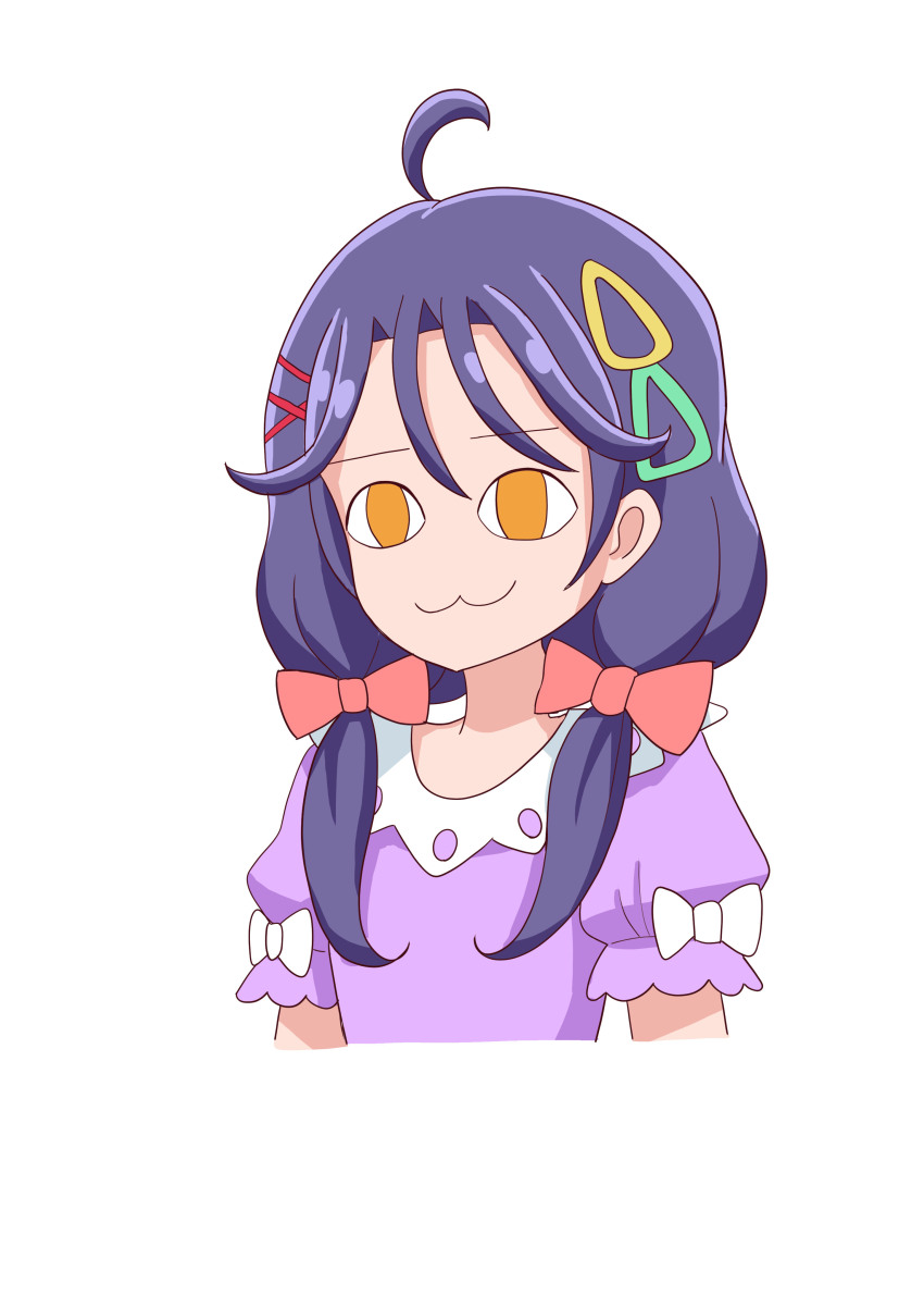 &lt;o&gt;_&lt;o&gt; 1girl :3 absurdres ahoge blouse bow closed_mouth collared_shirt commentary cropped_arms cropped_torso hair_bow hair_intakes hair_ornament hair_ribbon hairclip highres lace-trimmed_collar lace_trim looking_ahead medium_hair multiple_hair_clips no_pupils orange_eyes pink_bow precure puffy_short_sleeves puffy_sleeves purple_hair purple_shirt red_ribbon ribbon sentyouoekaki shirt short_sleeves short_twintails simple_background sleeve_bow smile solo suzumura_sango tropical-rouge!_precure twintails v-shaped_eyebrows white_background white_bow x_hair_ornament