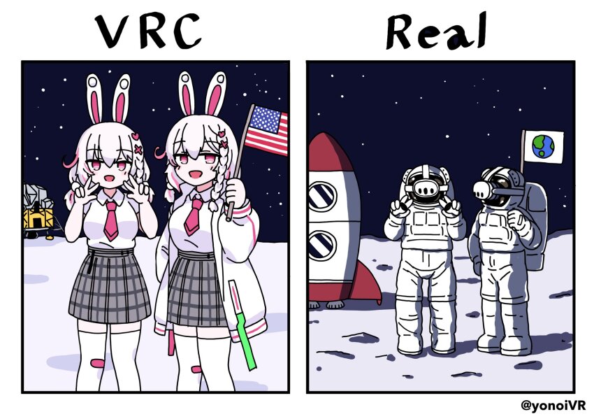 2girls 2others american_flag astronaut collared_shirt commentary double_w english_text flag grey_skirt head-mounted_display highres holding holding_flag looking_at_viewer miniskirt moon_rabbit multiple_girls multiple_others necktie oculus_headset open_mouth original pink_eyes pink_hair pink_necktie plaid_clothes plaid_skirt rabbit_girl shirt skirt smile space spacecraft thighhighs twitter_username vrchat w white_shirt white_thighhighs yonoisan