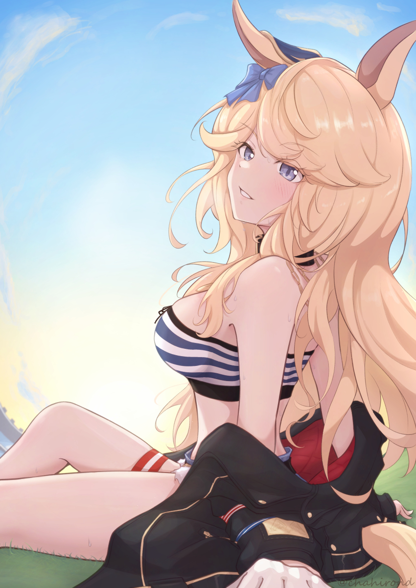1girl absurdres animal_ears bandeau bare_shoulders black_choker black_jacket blonde_hair blue_bow blush bow breasts chahiro choker clothing_cutout commentary_request day ear_bow from_side gloves gold_city_(umamusume) grass highres horse_ears horse_girl horse_tail jacket jacket_partially_removed long_hair medium_breasts on_grass on_ground outdoors single_glove sitting smile solo striped_bandeau tail tail_through_clothes thigh_strap umamusume white_gloves