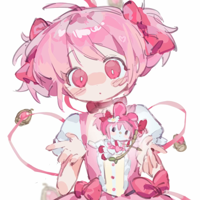 1girl :o ahoge animal arrow_(projectile) bare_arms blush_stickers bow bow_(weapon) bow_choker bright_pupils bubble_skirt buttons center_frills choker clothed_animal commentary cosplay cowboy_shot dress frilled_dress frills gem hair_bow highres holding holding_arrow holding_bow_(weapon) holding_weapon kaname_madoka kaname_madoka_(cosplay) kaname_madoka_(magical_girl) kneehighs liangqi_shi mahou_shoujo_madoka_magica mahou_shoujo_madoka_magica_(anime) miniskirt my_melody no_gloves onegai_my_melody parted_lips pink_bow pink_dress pink_eyes pink_gemstone pink_hair pink_ribbon procreate_(medium) puffy_short_sleeves puffy_sleeves rabbit red_bow red_choker red_shoes ribbon sanrio shoes short_dress short_hair short_sleeves short_twintails skirt skirt_under_dress socks solo soul_gem square_neckline tareme twintails waist_bow weapon white_background white_pupils white_skirt white_sleeves white_socks